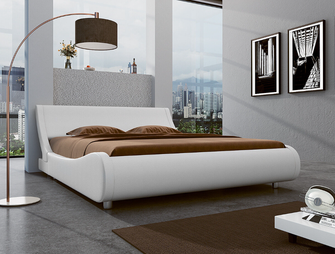 King Size Leather Low Profile Sleigh Platform Bed Frame with Headboard,White