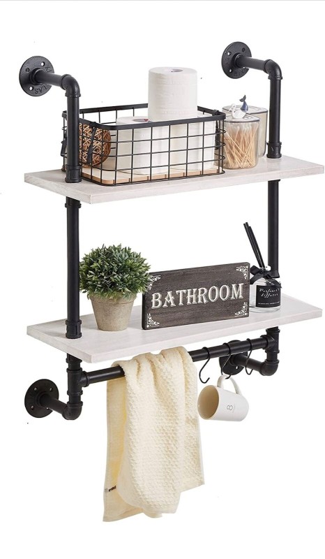 Industrial Pipe Floating Shelves - 20" w-Solid Wood Planks and Towel Bar-Rustic